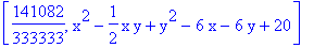 [141082/333333, x^2-1/2*x*y+y^2-6*x-6*y+20]
